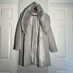 GUESS • Faux Fur Coat • Gray Jacket • Small • Pockets • Removable Neckline